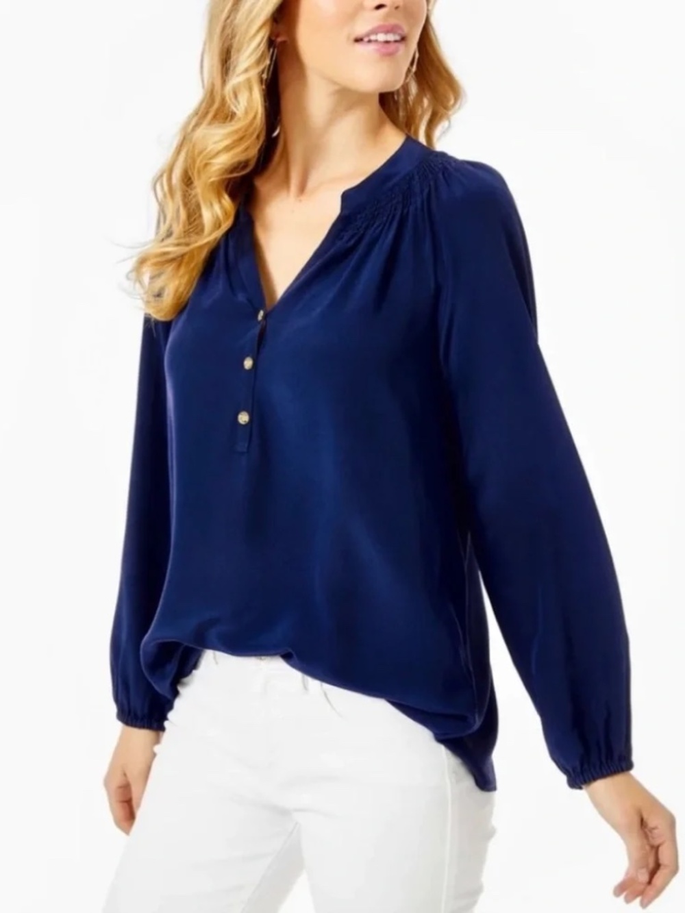 Lilly Pulitzer Navy Blue Elsa Silk Long Sleeve Pullover Blouse